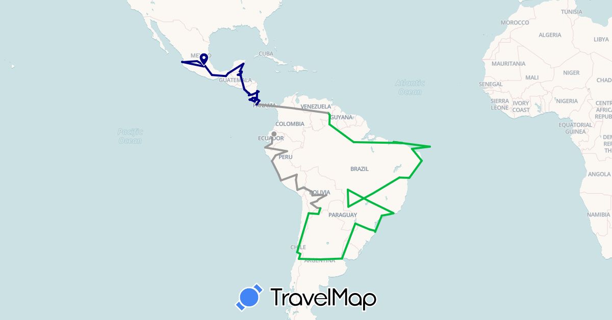TravelMap itinerary: driving, bus, plane in Argentina, Bolivia, Brazil, Belize, Chile, Costa Rica, Ecuador, Mexico, Nicaragua, Peru, Venezuela (North America, South America)