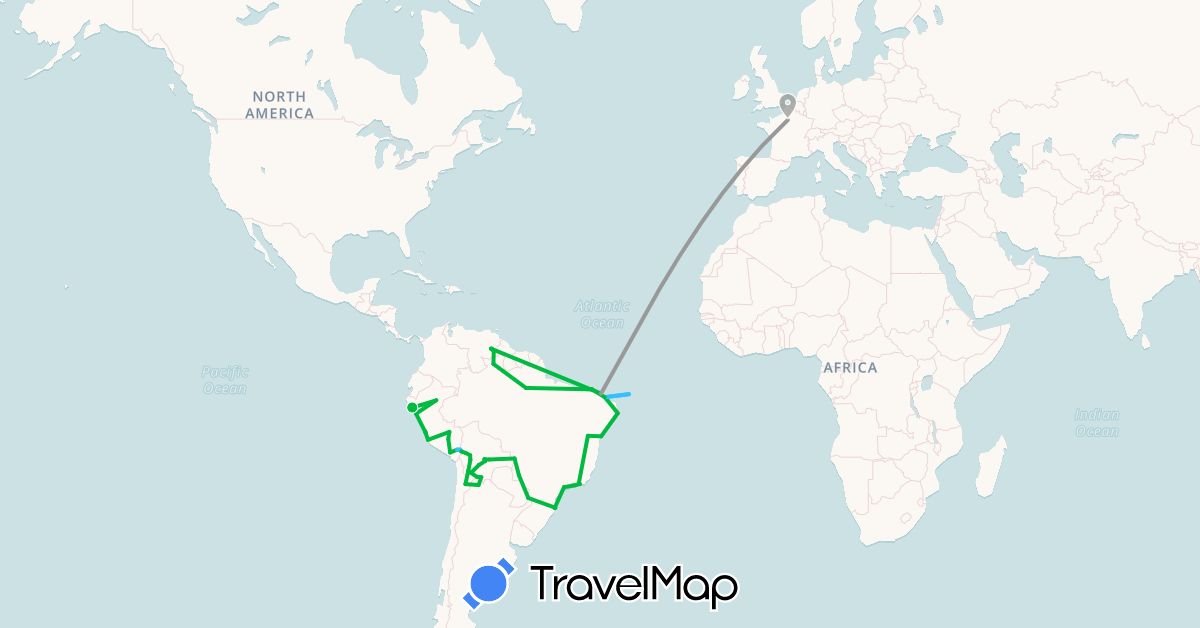 TravelMap itinerary: bus, plane, boat in Argentina, Bolivia, Brazil, Chile, France, Peru, Venezuela (Europe, South America)